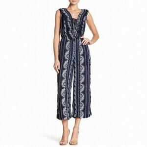 Romeo & Juliet Ruffle Lace-Up Cropped Wide Leg Jumpsuit Size M Botanical Print